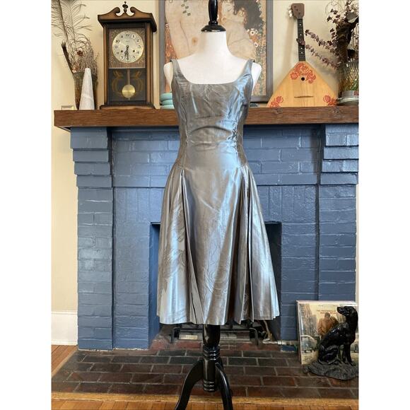 Carmen Marc Valvo Collection 8 Metallic Slate Blue Jacquard Silk Dress Lined - Picture 6 of 16